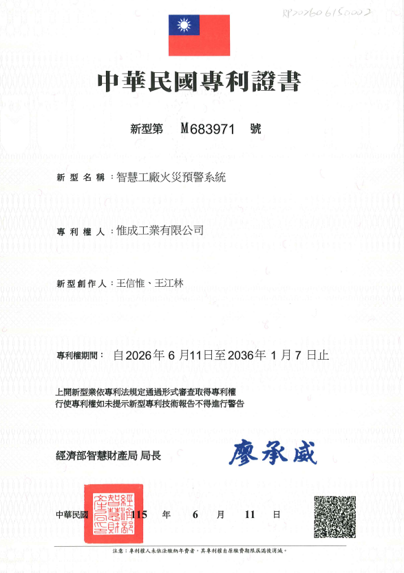 中華民國專利證書 新型第 M683971 號